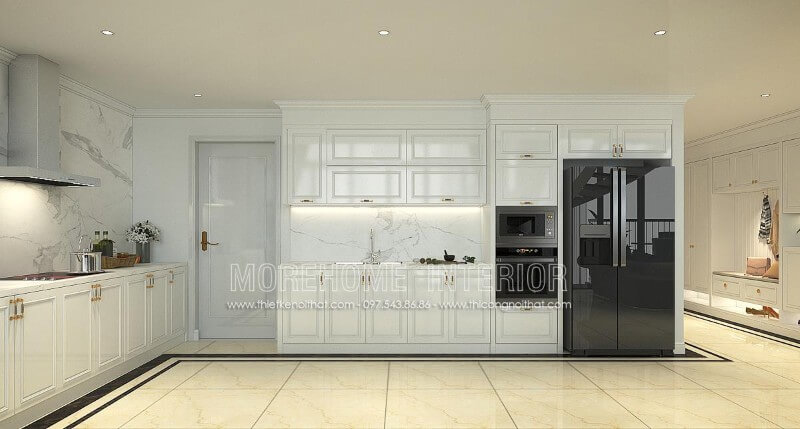 Tủ bếp gỗ tự nhiên với gam màu trắng chủ đạo mang lại sự thanh thoát và tinh tế hơn cho không gian nội trợ Tủ bếp gỗ, tủ bếp gỗ tự nhiên, tủ bếp tân cổ điển