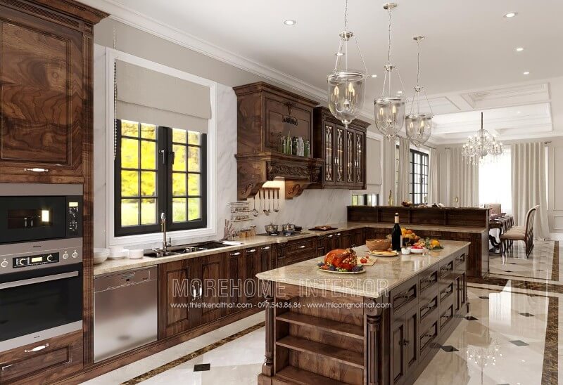 Mẫu tủ bếp tân cổ điển được làm từ chất liệu gỗ óc chó đầy mới lạ, sang trọng, mang tính thẩm mĩ cao nhờ những đường vân gỗ tự nhiên uốn lượn bắt mắt Tủ bếp gỗ, tủ bếp gỗ tự nhiên, tủ bếp tân cổ điển