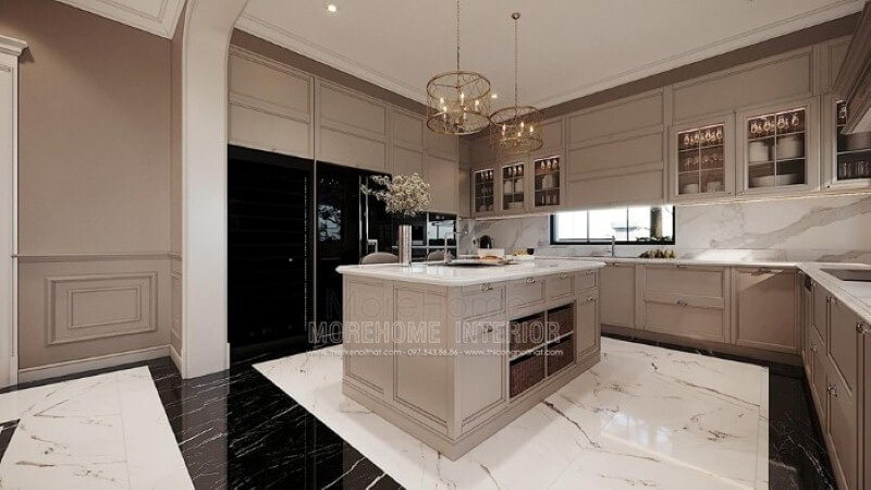 Tủ bếp chữ U gỗ tự nhiên cao cấp tạo vẻ đẹp sang trọng cho không gian nhà phố, biệt thự. Tủ bếp gỗ, tủ bếp gỗ tự nhiên, tủ bếp tân cổ điển