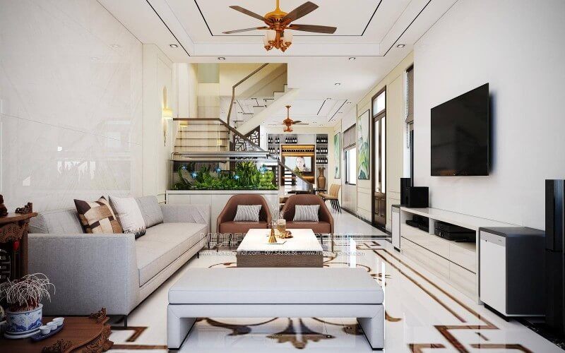 Gia chủ lựa chọn sự đơn giản, thoáng rộng với mẫu gạch ốp sàn hoa văn và đá ốp tường hiện đại