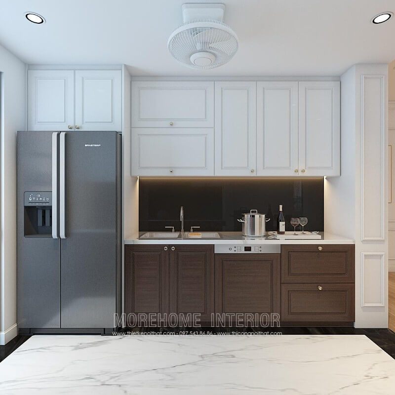 Mẫu tủ bếp đẹp được thiết kế cho nhà chung cư nhỏ với kiểu dáng chữ I nhỏ gọn, tinh tế, hiện đại