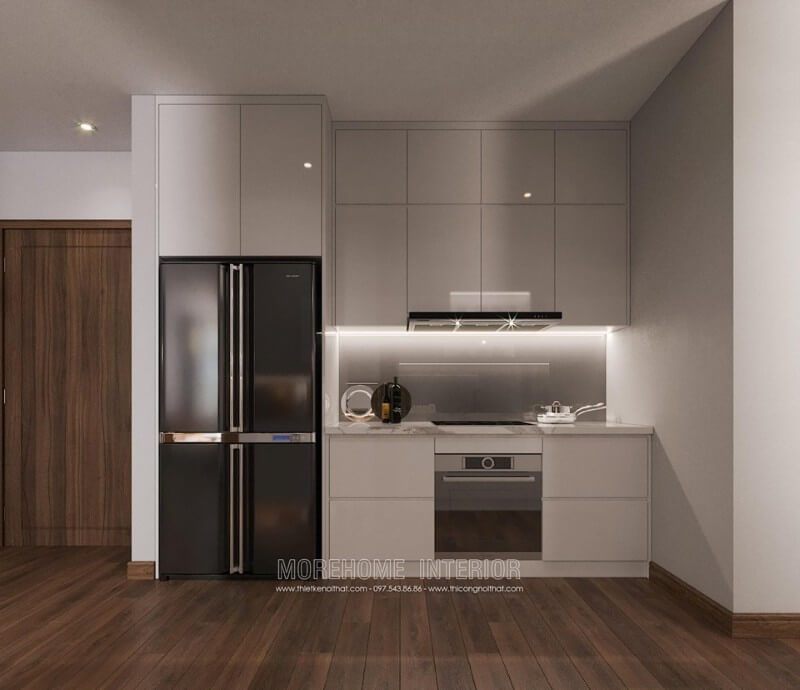 Kính ốp bếp màu ghi giúp không gian bếp trở nên thoải mái, tiện nghi và sạch sẽ hơn, dù nhỏ cũng đầy đủ độ thoáng đãng.